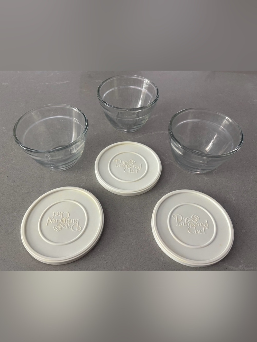 set of 3 Pampered Chef glass prep bowls 3/4 cup / 175 ml with lids